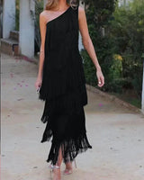 Women's One-Shoulder Tiered Fringe Maxi Dress