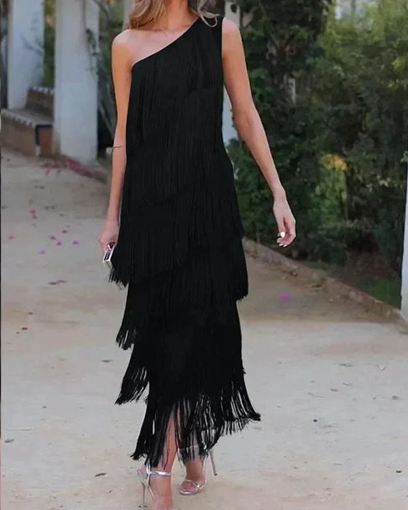 Women's One-Shoulder Tiered Fringe Maxi Dress