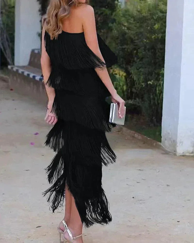 Women's One-Shoulder Tiered Fringe Maxi Dress