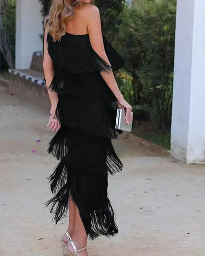 Women's One-Shoulder Tiered Fringe Maxi Dress