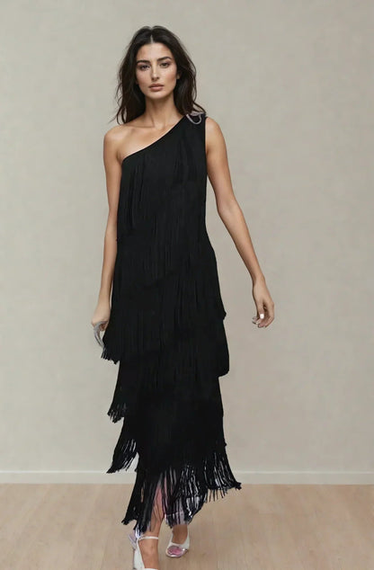 Women's One-Shoulder Tiered Fringe Maxi Dress