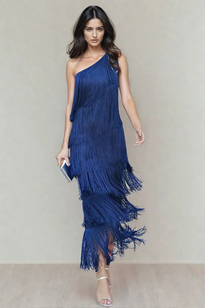 Women's One-Shoulder Tiered Fringe Maxi Dress