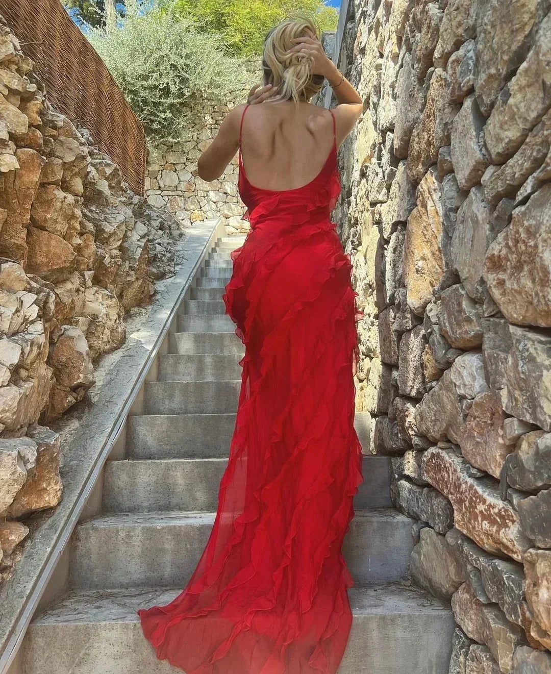 Women's Ruffle Maxi Dress with Open Back