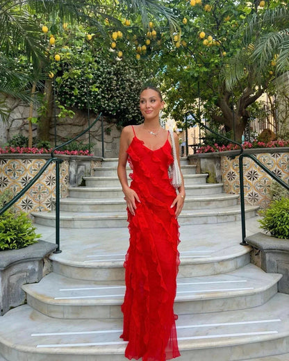 Women's Ruffle Maxi Dress with Open Back