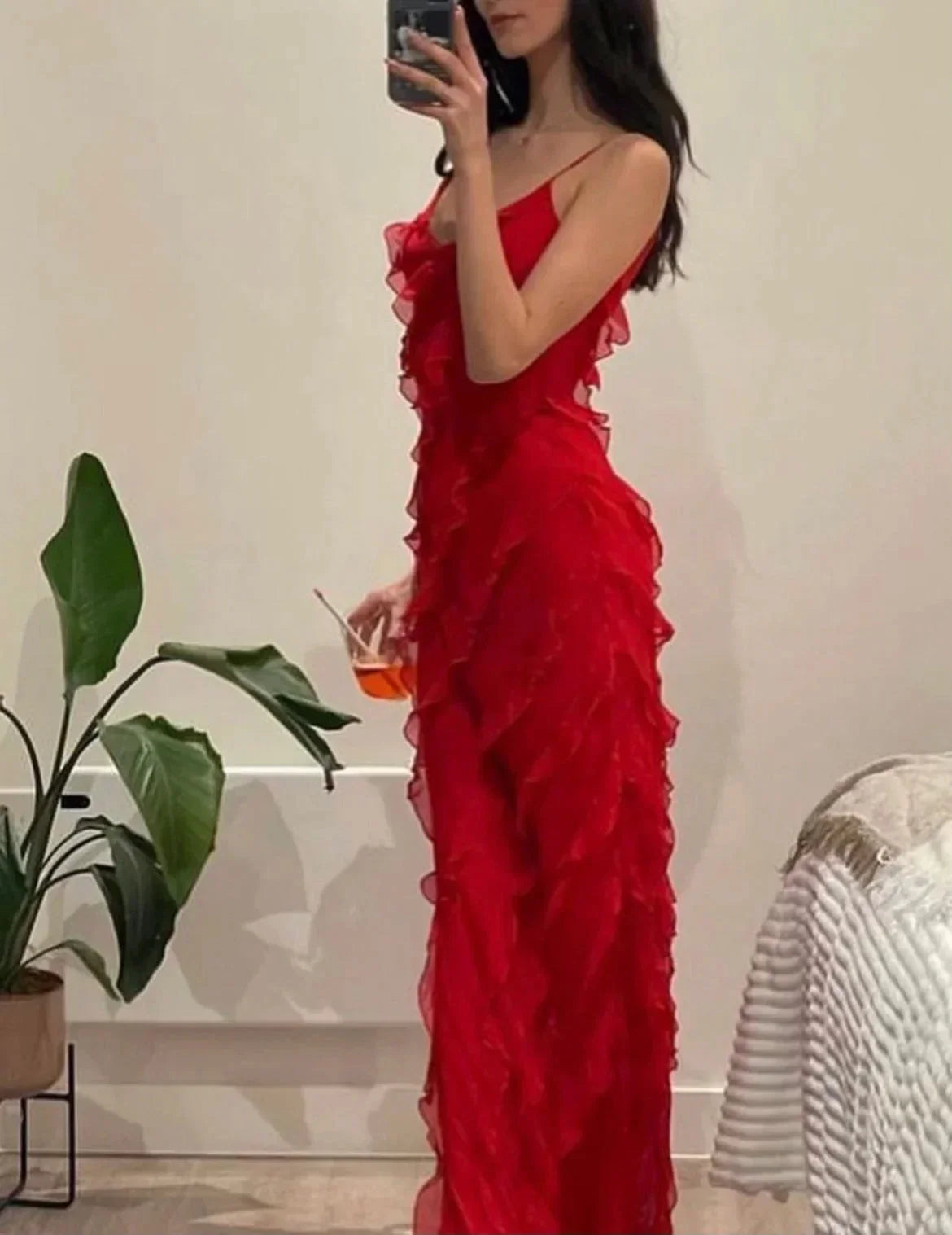 Women's Ruffle Maxi Dress with Open Back