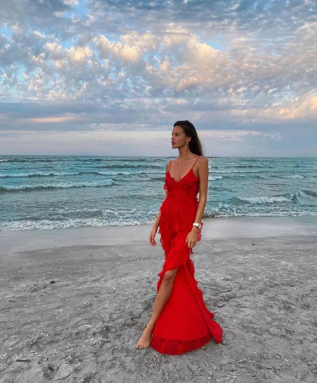 Women's Ruffle Maxi Dress with Open Back