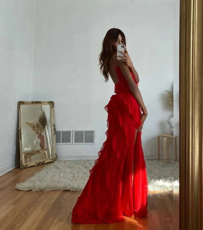 Women's Ruffle Maxi Dress with Open Back