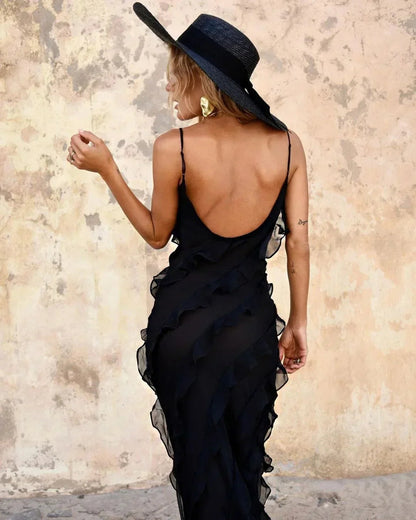 Women's Ruffle Maxi Dress with Open Back