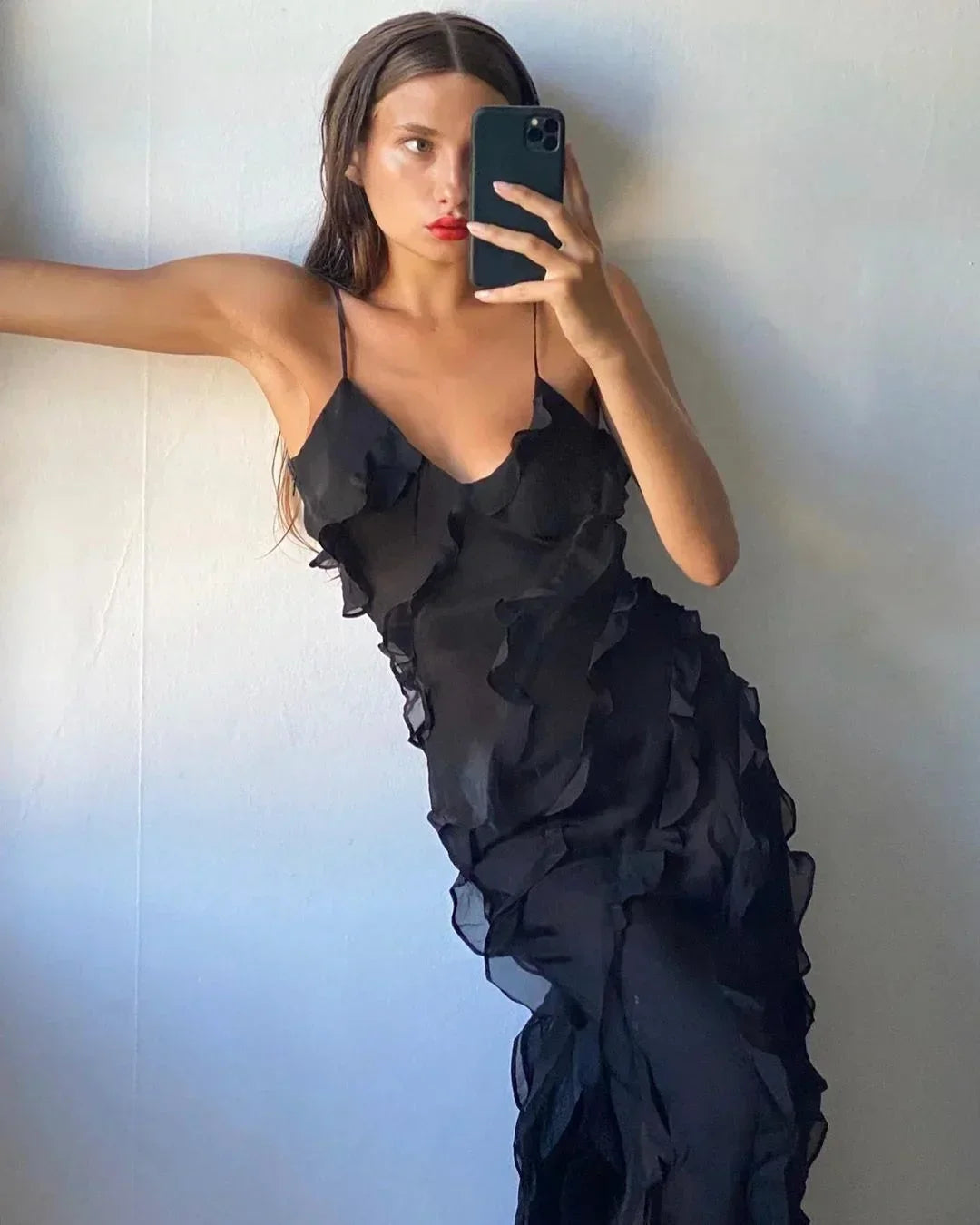 Women's Ruffle Maxi Dress with Open Back