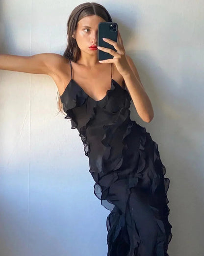 Women's Ruffle Maxi Dress with Open Back
