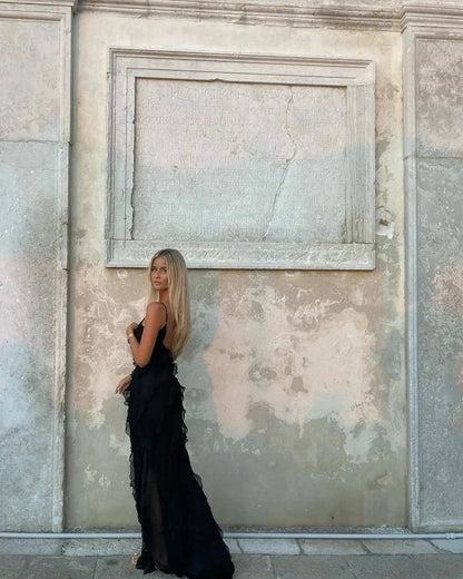 Women's Ruffle Maxi Dress with Open Back