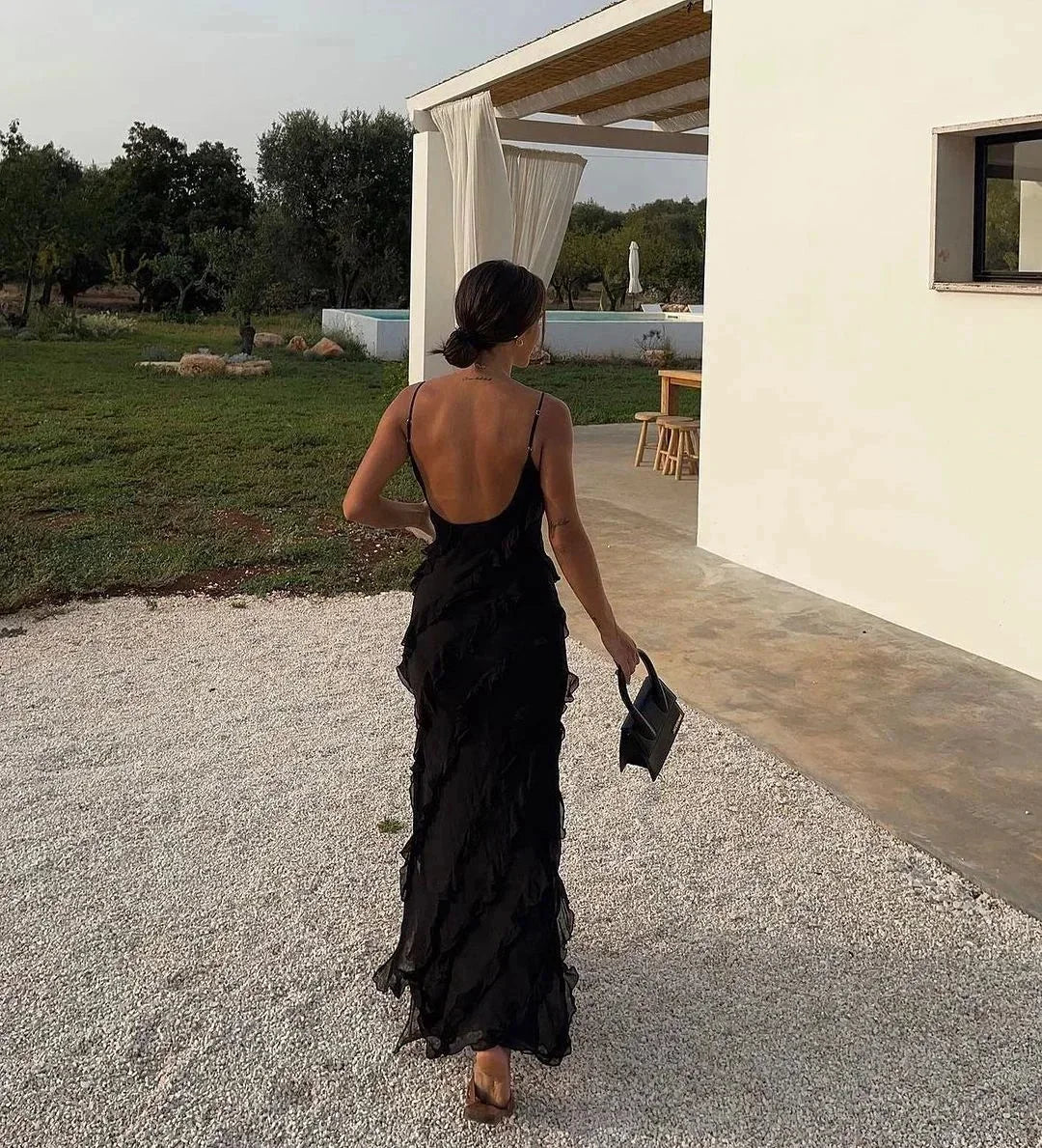 Women's Ruffle Maxi Dress with Open Back