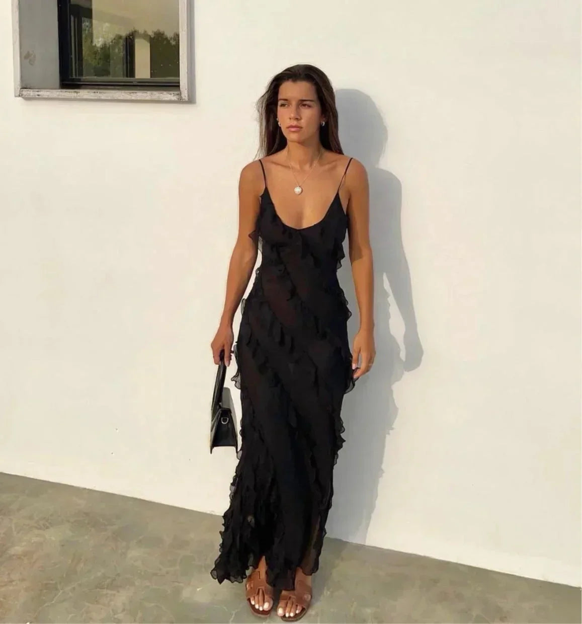 Women's Ruffle Maxi Dress with Open Back