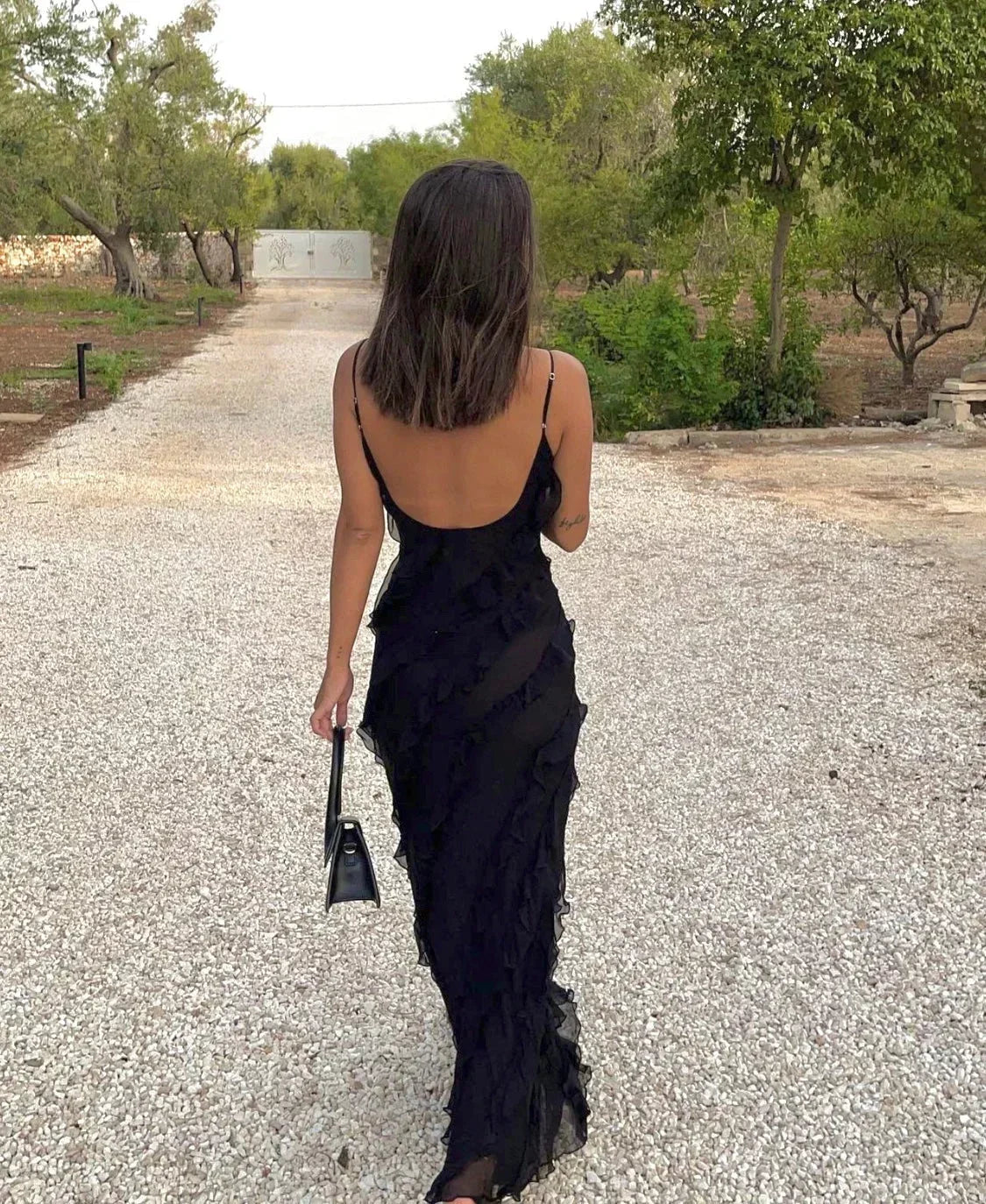 Women's Ruffle Maxi Dress with Open Back