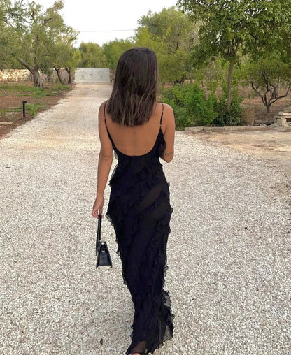 Women's Ruffle Maxi Dress with Open Back