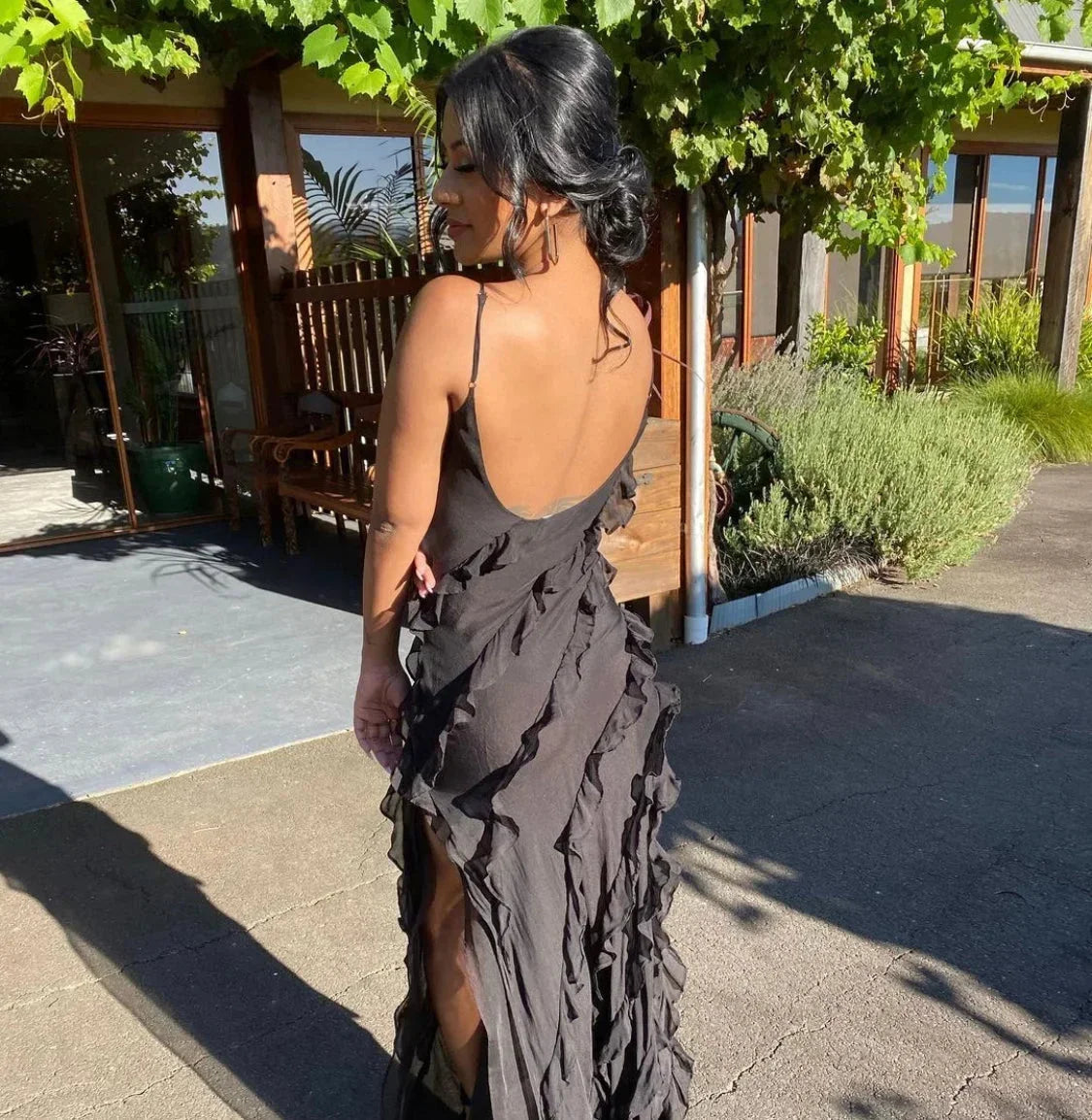 Women's Ruffle Maxi Dress with Open Back