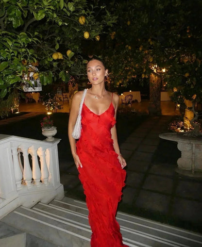 Women's Ruffle Maxi Dress with Open Back