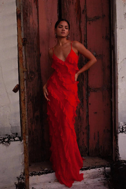 Women's Ruffle Maxi Dress with Open Back