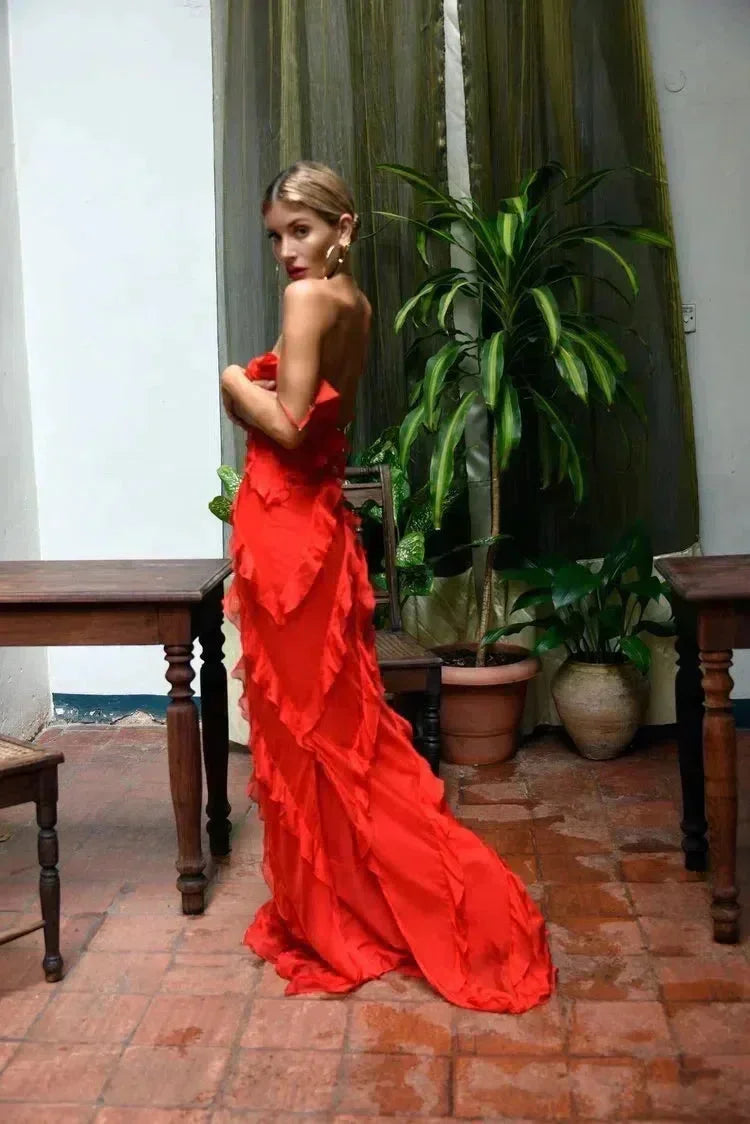 Women's Ruffle Maxi Dress with Open Back