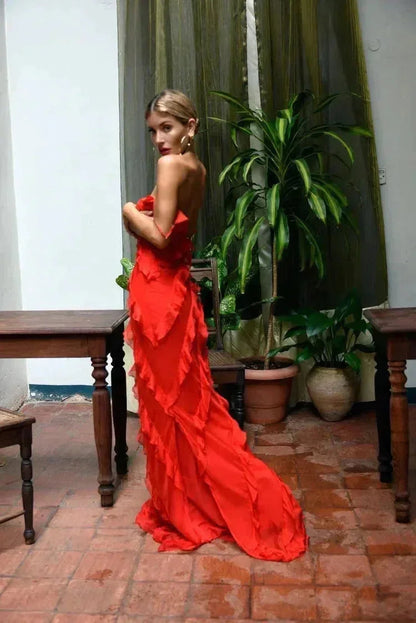 Women's Ruffle Maxi Dress with Open Back