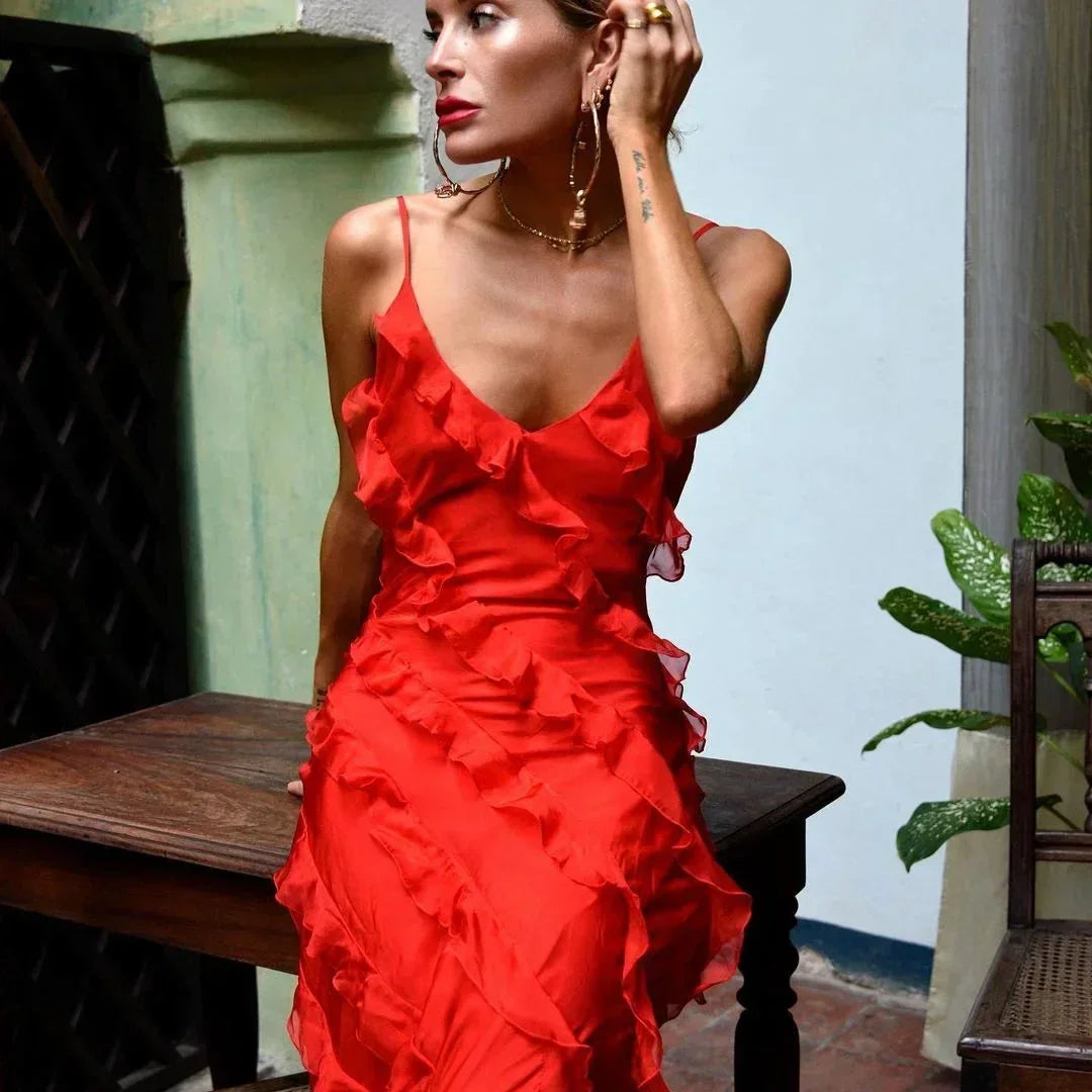Women's Ruffle Maxi Dress with Open Back