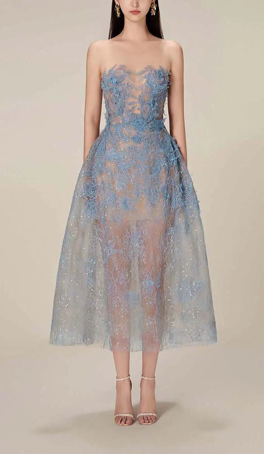 Women's Strapless Floral Appliqué Midi Dress