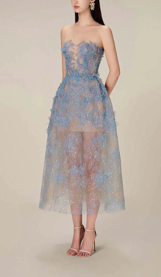 Women's Strapless Floral Appliqué Midi Dress