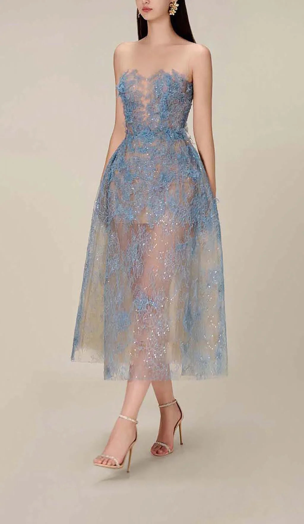 Women's Strapless Floral Appliqué Midi Dress
