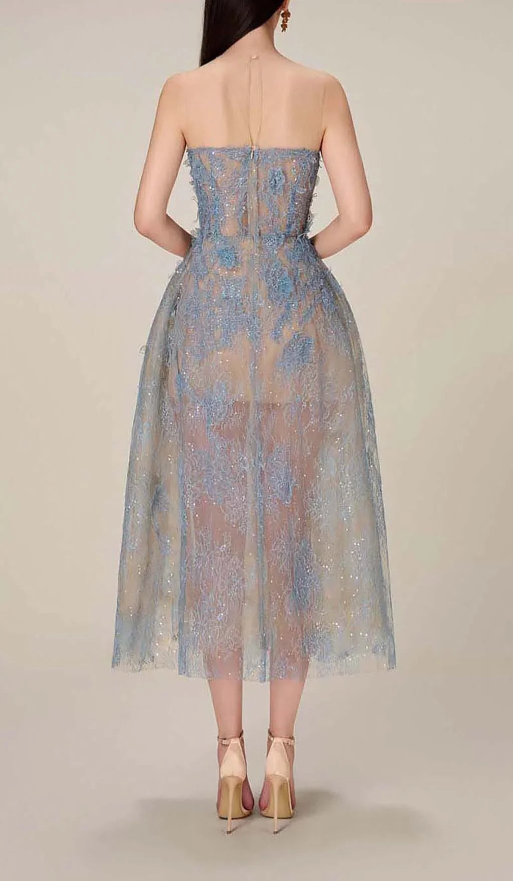 Women's Strapless Floral Appliqué Midi Dress