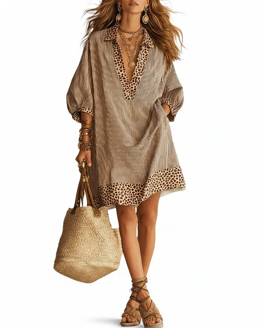 Women's Striped V-Neck Shirt Dress with Leopard Trim