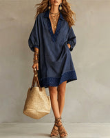 Sadie™ | Women's Striped V-Neck Shirt Dress with Leopard Trim