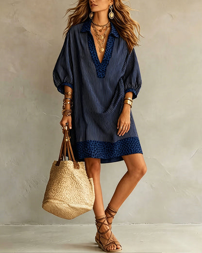 Women's Striped V-Neck Shirt Dress with Leopard Trim