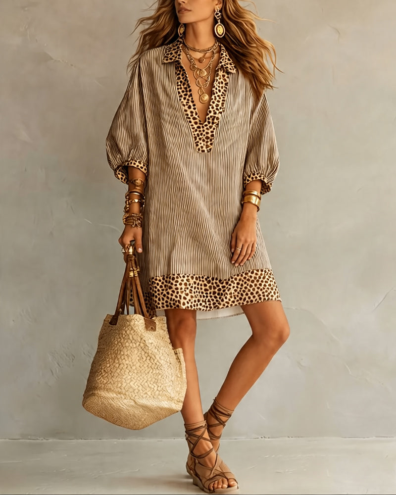 Women's Striped V-Neck Shirt Dress with Leopard Trim