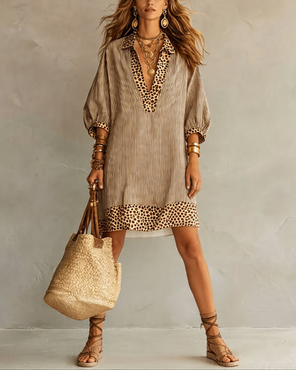 Women's Striped V-Neck Shirt Dress with Leopard Trim
