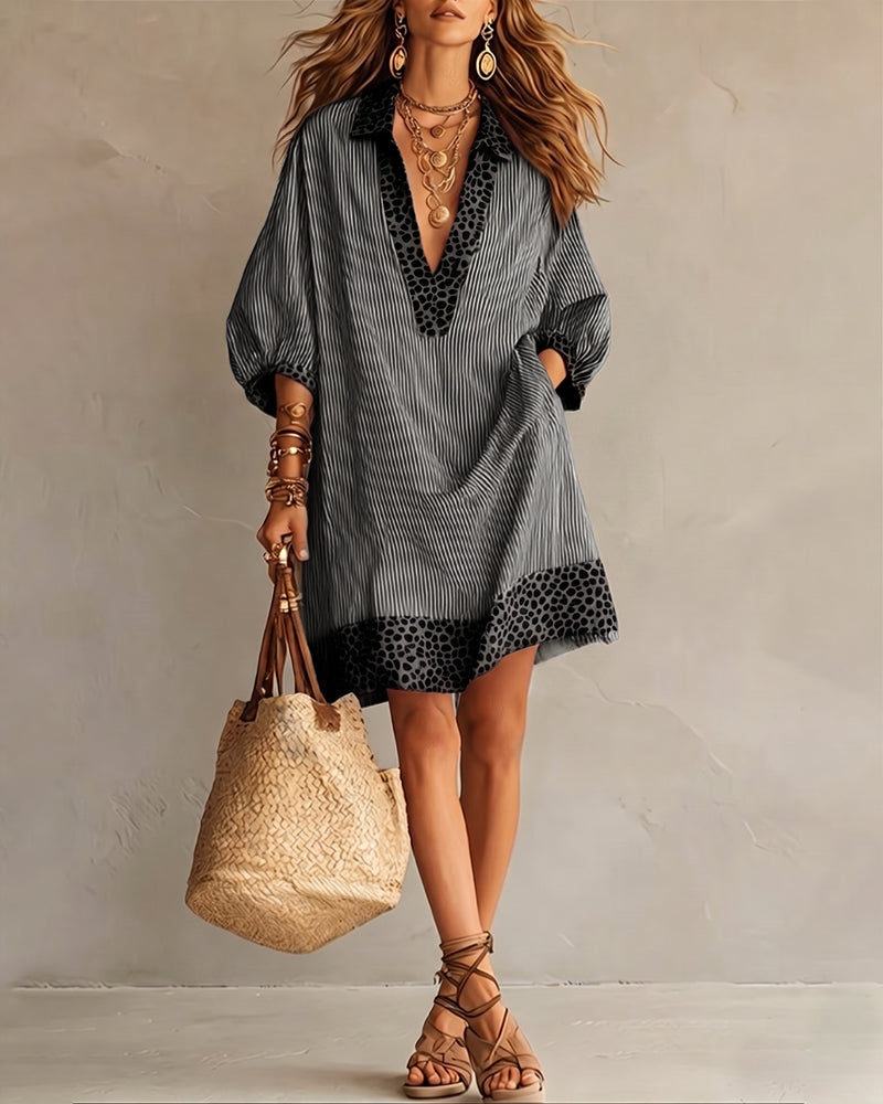 Women's Striped V-Neck Shirt Dress with Leopard Trim