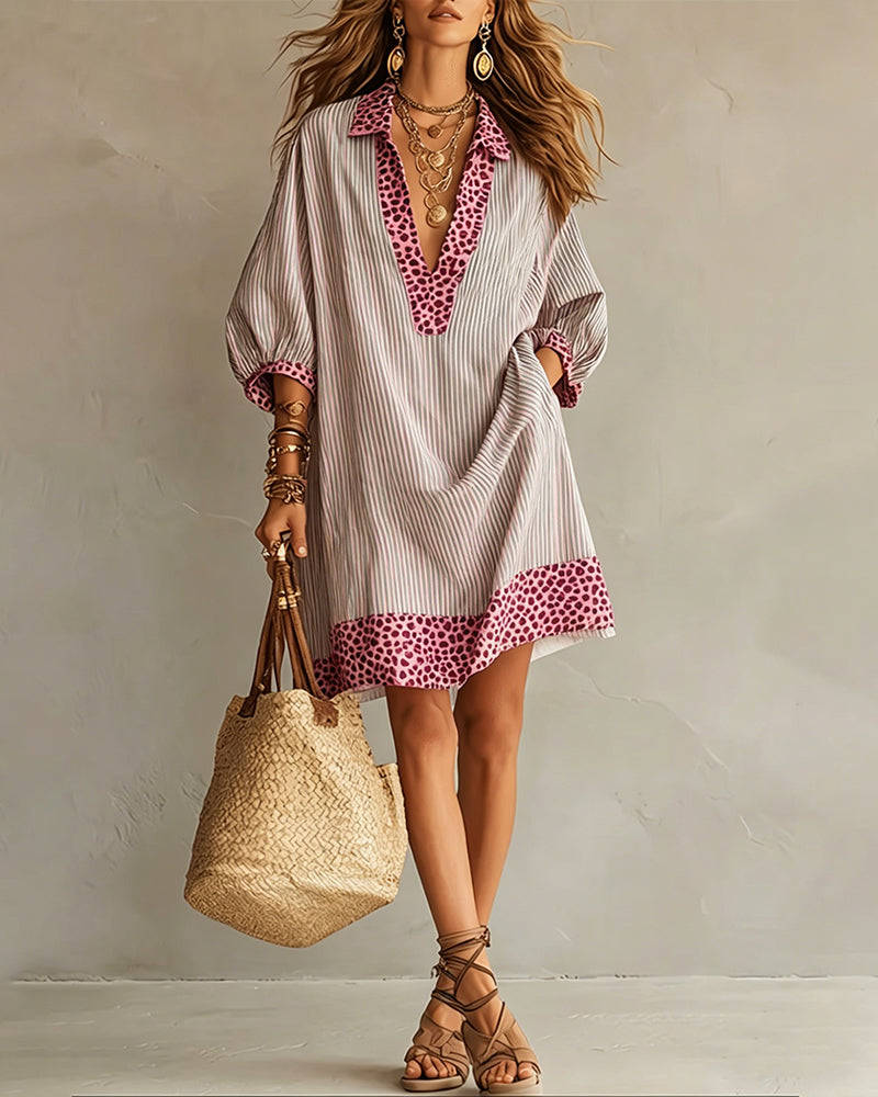 Women's Striped V-Neck Shirt Dress with Leopard Trim