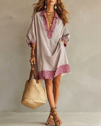Women's Striped V-Neck Shirt Dress with Leopard Trim