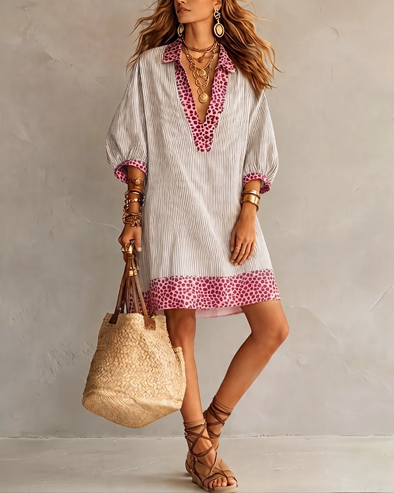 Women's Striped V-Neck Shirt Dress with Leopard Trim