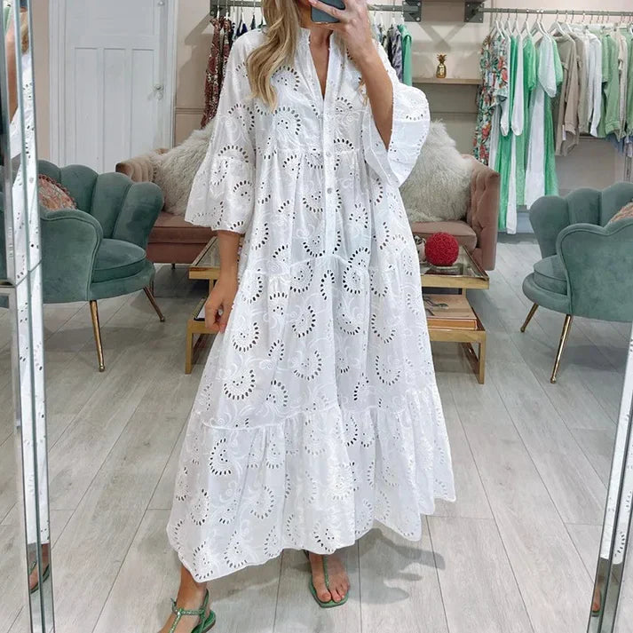 Women's Tiered Maxi Dress with Eyelet Embroidery