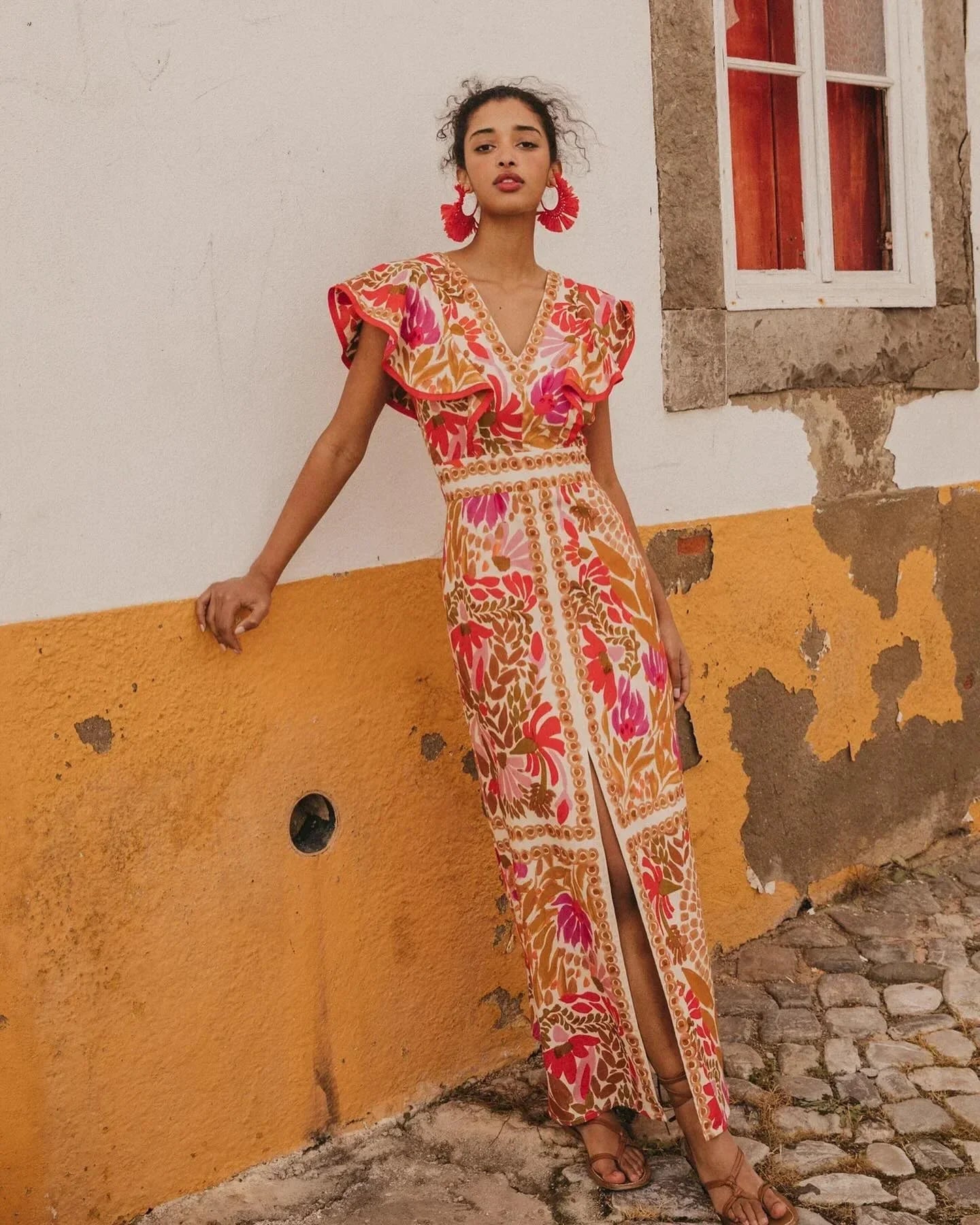 Women's V-Neck Maxi Dress with Ruffle Sleeves