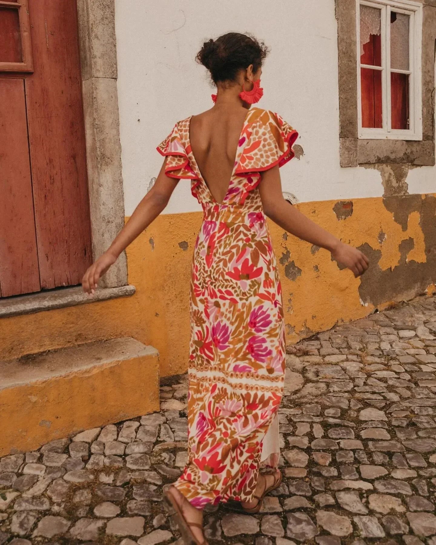 Women's V-Neck Maxi Dress with Ruffle Sleeves