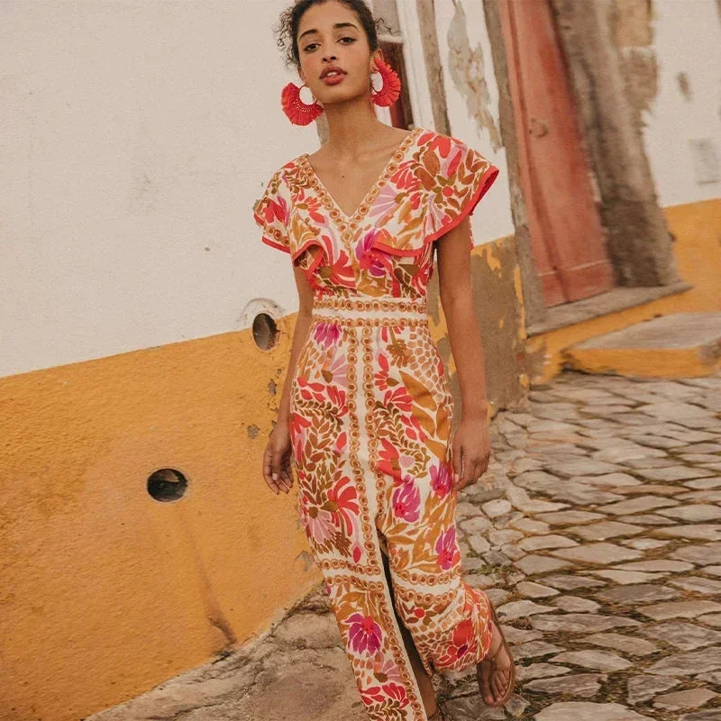 Women's V-Neck Maxi Dress with Ruffle Sleeves
