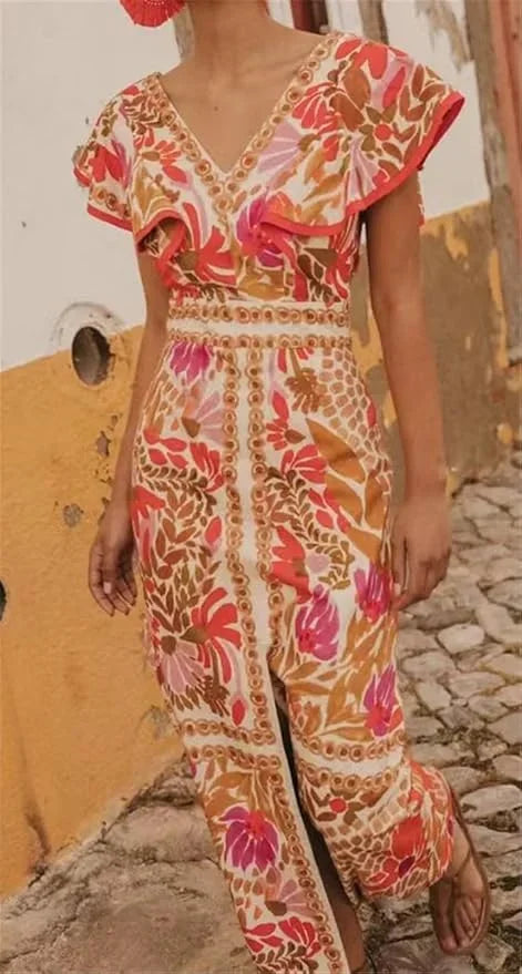 Women's V-Neck Maxi Dress with Ruffle Sleeves