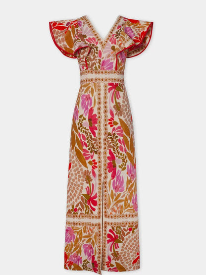 Women's V-Neck Maxi Dress with Ruffle Sleeves