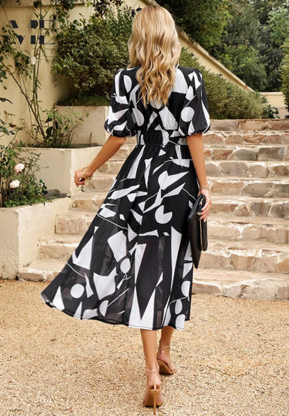 Women's V-Neck Midi Dress with Puff Sleeves