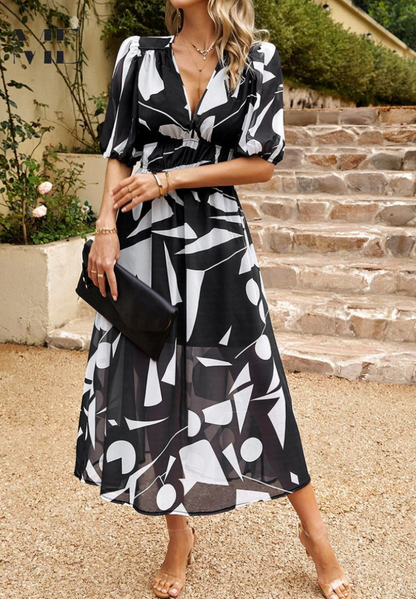 Women's V-Neck Midi Dress with Puff Sleeves