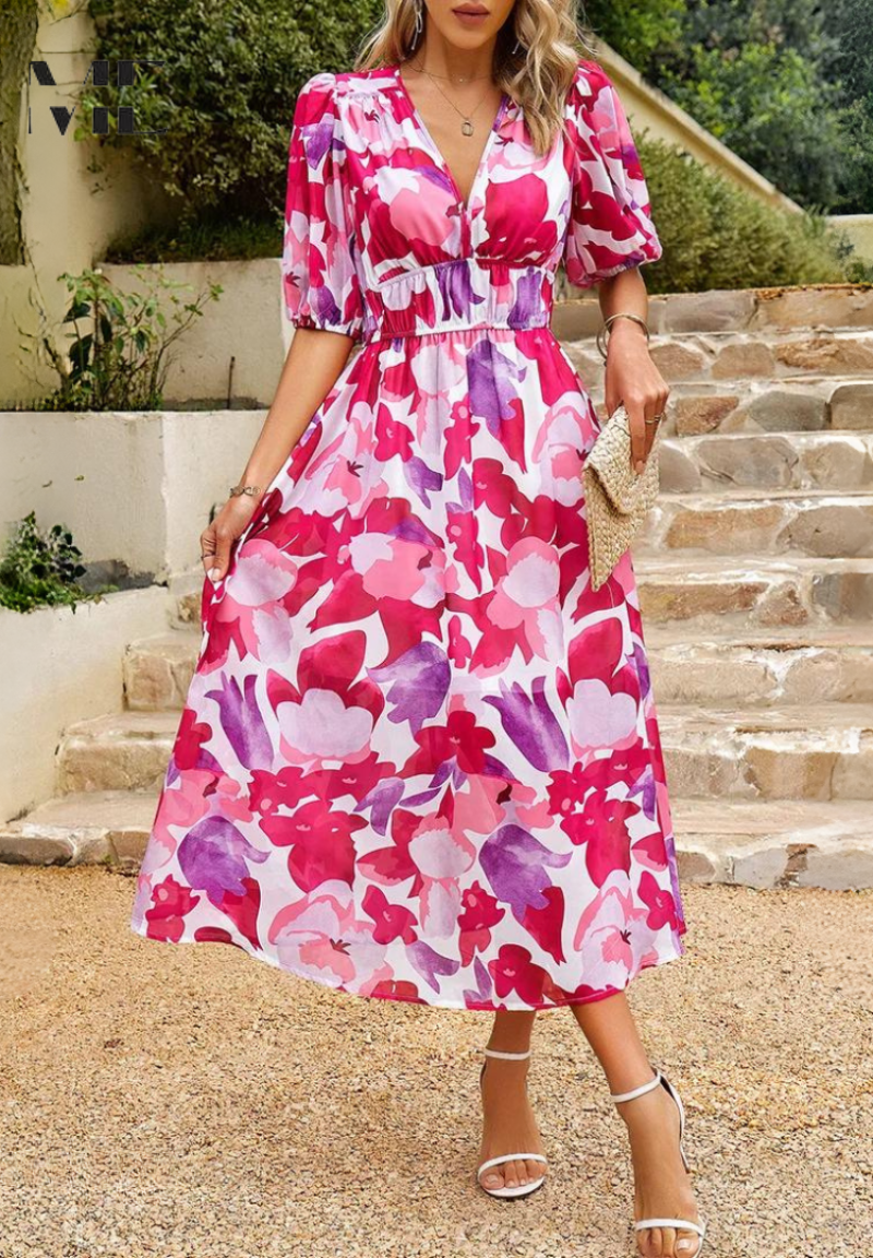 Women's V-Neck Midi Dress with Puff Sleeves