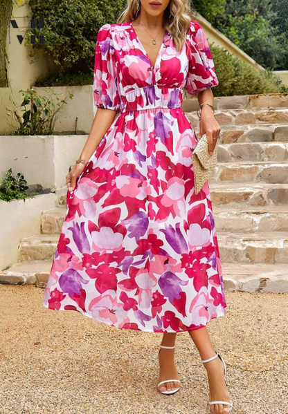 Women's V-Neck Midi Dress with Puff Sleeves