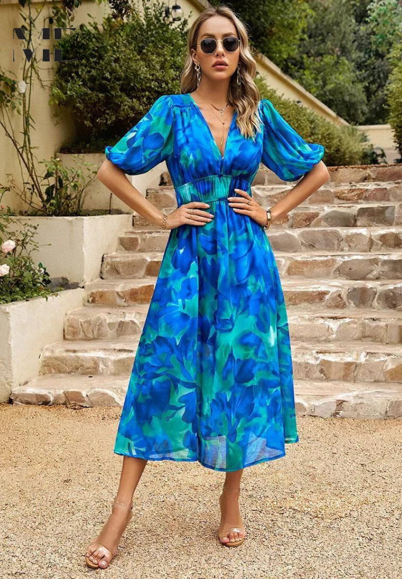 Women's V-Neck Midi Dress with Puff Sleeves