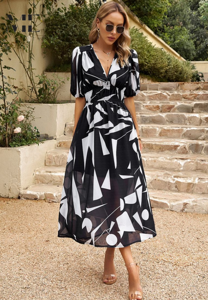 Women's V-Neck Midi Dress with Puff Sleeves